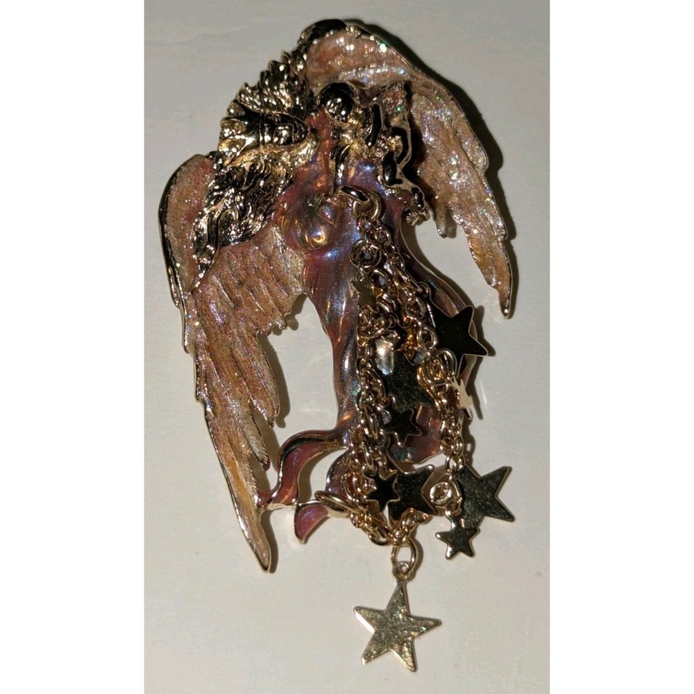 KIRKS FOLLY GUARDIAN ANGEL WITH BABY ENAMEL STARS GLITTER BROOCH PIN VINTAGE EUC